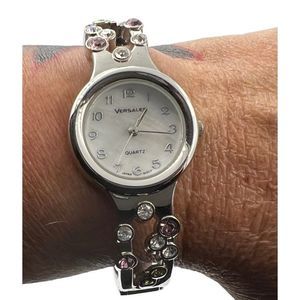 Versales Silver Tone Pink Green Rhinestone Cuff Watch Women’s New Battery